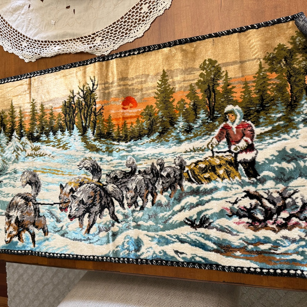Velvet wall Tapestry -Dog Sled Tapestry- Made in Italy 1965
